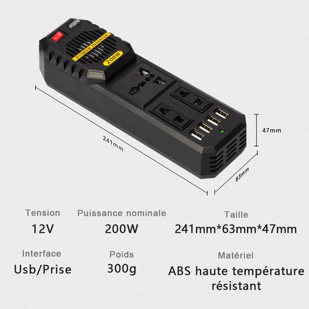 Mini onduleur de voiture 200W, 12V DC à 220V AC, 50Hz, haute puissance,  sortie USB, petite voiture, accessoire pour édition spéciale - AliExpress