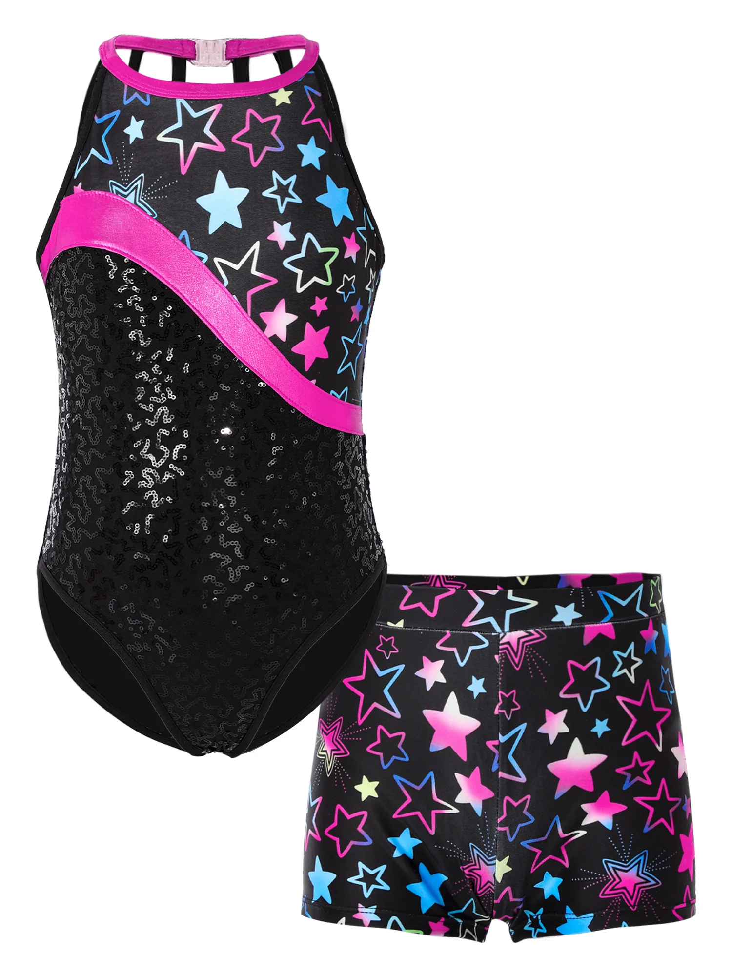 

Two-piece Kids Girls Printed Sleeveless Round Neckline Straps Hollow Back Sequins Patchwork Style Dance Leotards with Shorts