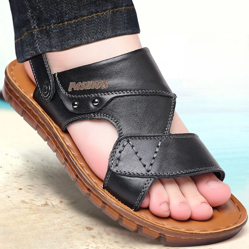 

Шлепанцы мужские из натуральной кожи, сланцы ручной работы, летняя пляжная обувь, Повседневные тапочки