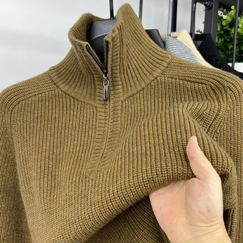Men's Solid Casual Slim Fit Base Layer Thick Turn-Up High Neck Half Zip Knit Sweater Autumn Winter Tops