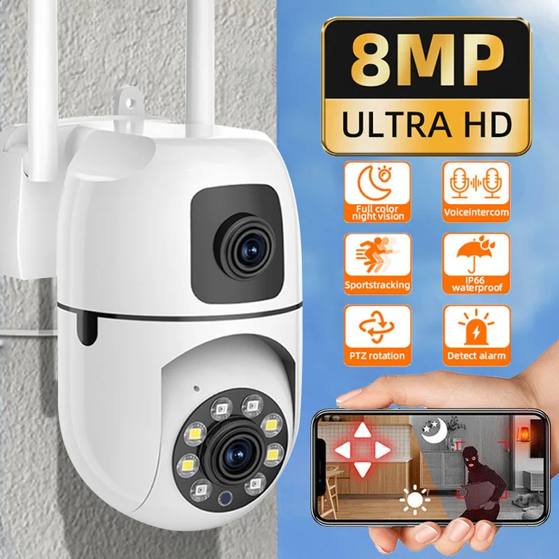 8MP Dual Lens Dual Screen WIFI Surveillance Camera IP Cameras Wireless Outdoor Auto Tracking Night Vision 8X Digital Zoom CCTV