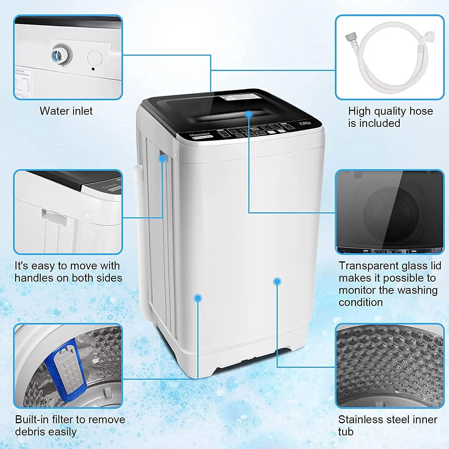 Portable Washing Machine, 17.8Lbs Capacity Full-Automatic Portable Washer, 2.4Cu.ft Washer and Dryer Combo with Drain Pump, 10 P 6