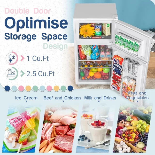 Double Door Refrigerator with Freezer, 3.5 Cu.Ft, Small Fridge with Freezer,7 Settings Temperature Adjustable, Mini Refrigerator 2