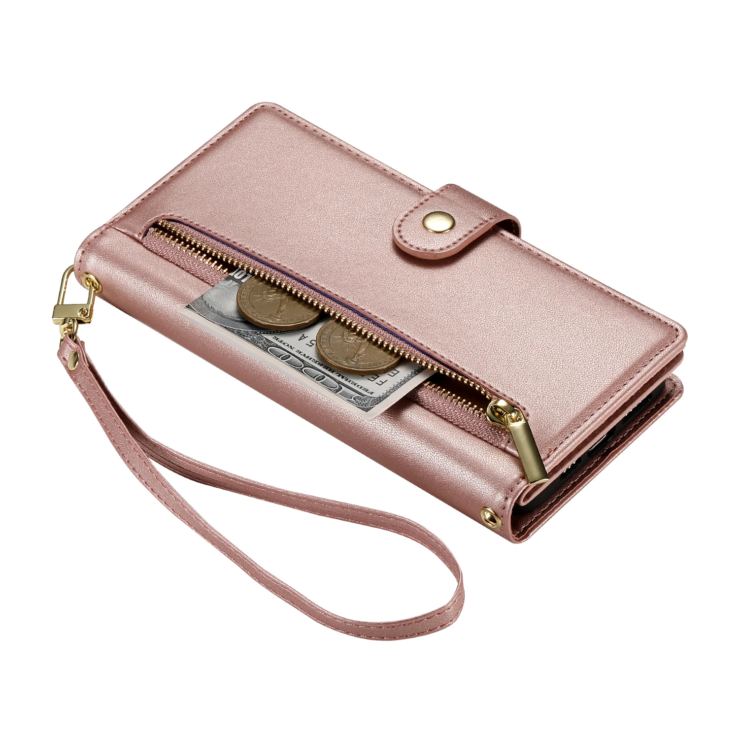 Étui portefeuille en cuir à fermeture éclair pour iPhone 15 Pro Max 16 14 Plus 13 12 11 SE4 XS MAX avec lanière et poche pour cartes_voghion.com