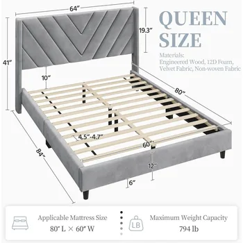 Bed Frame Upholstered Platform Bed with Wing Side/Wooden Slat Support/Tufted Headboard with Wing Side/Mattress Foundation 2