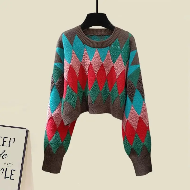 Large Women's Autumn and Winter Set 2023 New Fashion Slim Knitted Sweater Design Feel Half Skirt Two Piece Set