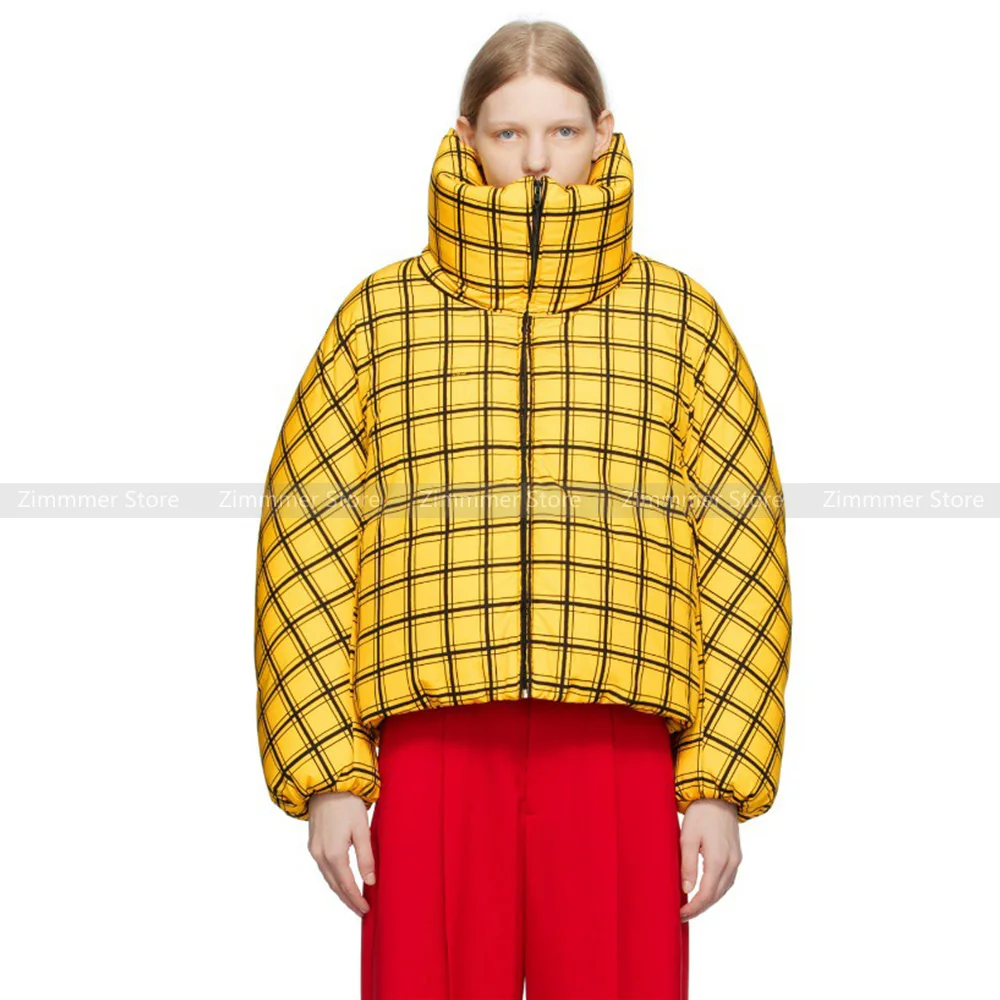 

High quality women's 23 years winter new printing yellow plaid loose high collar warm white duck down bread down jacket