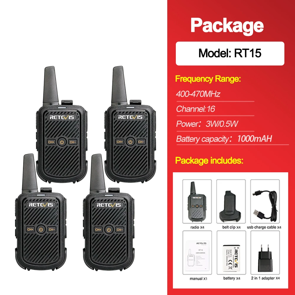 Retevis RT15 Walkie Talkie Mini Radio Set 16 Channels VOX Rechargeable USB Charging Cable with Adapter Walkie Talkies(5 Piece, Black