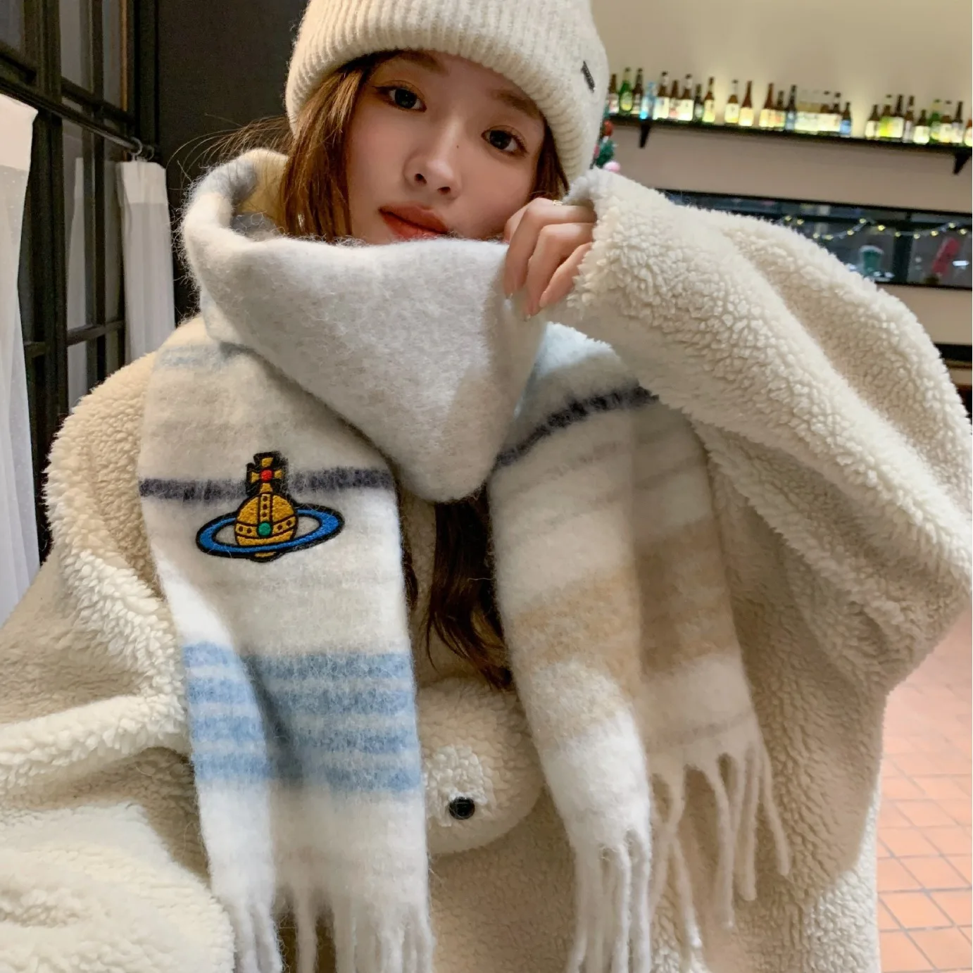 

2023 Winter New Versatile and Advanced Style Women's Scarf Stripes Colored and Warm, Thickened and Simple Mohair Overlay Shawl