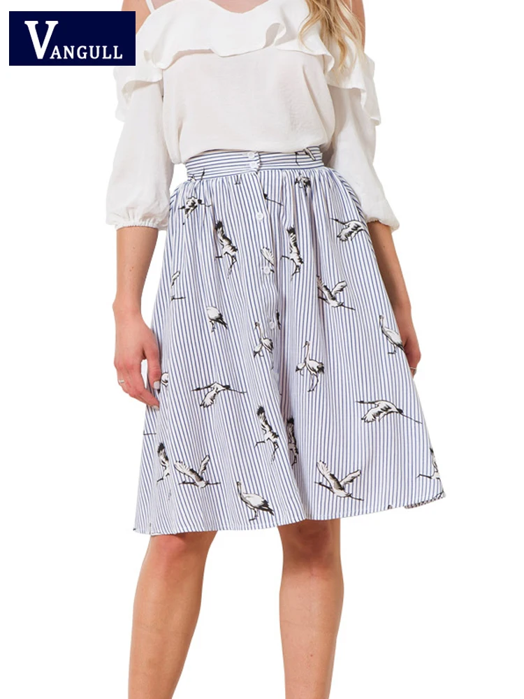 

Vangull Fashion Blue Striped Skirt Women Crane Print Knee-Length Skirts Summer New Sweet Open Stitch Buttons Streetwear Skirt