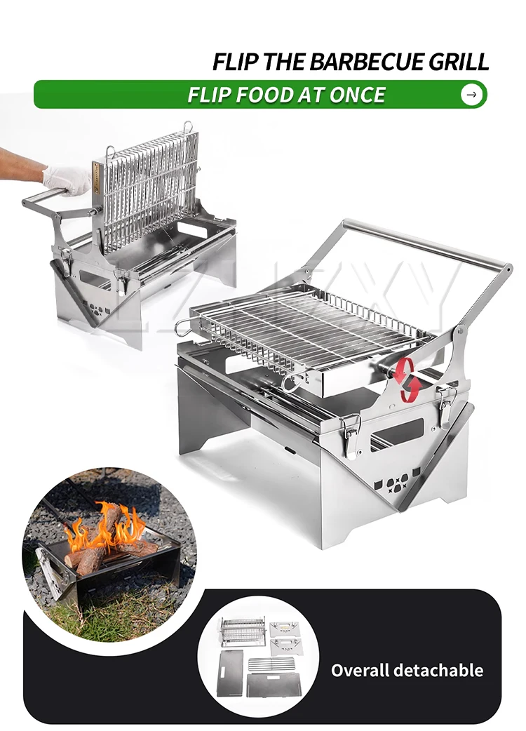 Description Picture 3 of itemFlip grill BBQ Grill Camping Turnover The Top BBQ Grid Could Over Turn 360° Through The Handle Charcoal Stainless Steel Grill Fo