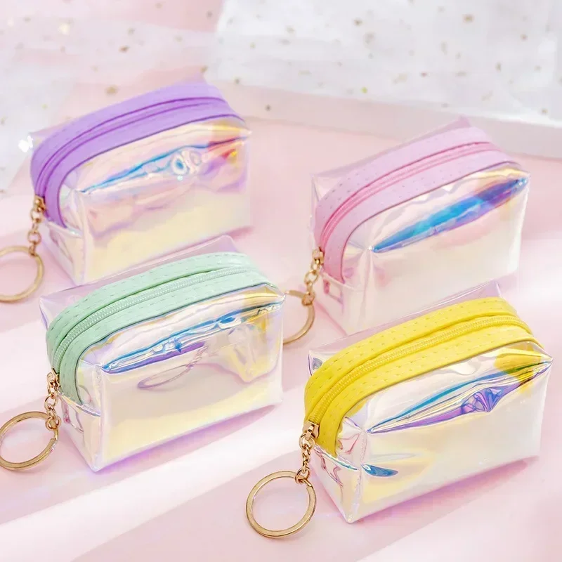 Colorful Short Wallet Laser Holographic Coin Purse Women Clear Glittering Holder Purse Keys Pouch Earphone Storage Bag 1PC