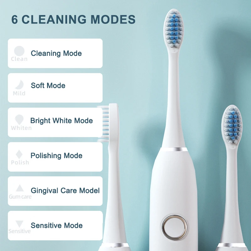 6 Modes Electric Sonic Toothbrush USB Rechargeable for Adults Ultrasonic Tootbrush with 4/8 Replacement Heads Smart Timer IPX7 3