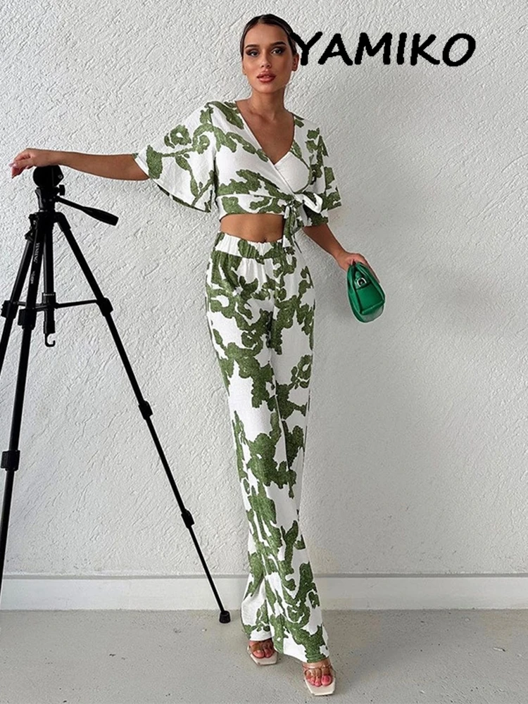 

Женский винтажный комплект из 2 предметов, короткий топ с V-образным вырезом и оборками на рукавах и длинные брюки с эластичным поясом