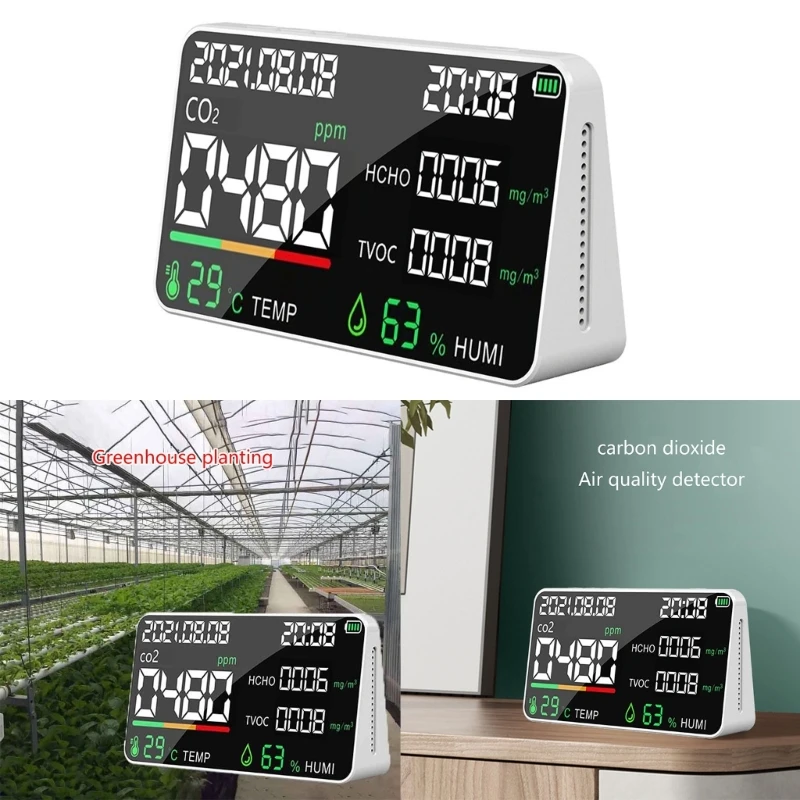 

9 in 1 Air Quality Monitor Detector Tester Tests HCHO TVOC PM2.5 PM10 PM1.0 CO2s Temperature Humidity with Time Display Dropship