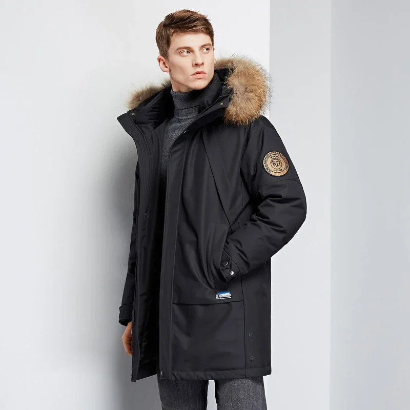 High End Down Jacket Men's Mid Length Winter New Thickened Parka with Hat and Large Fur Collar Winter Jacket