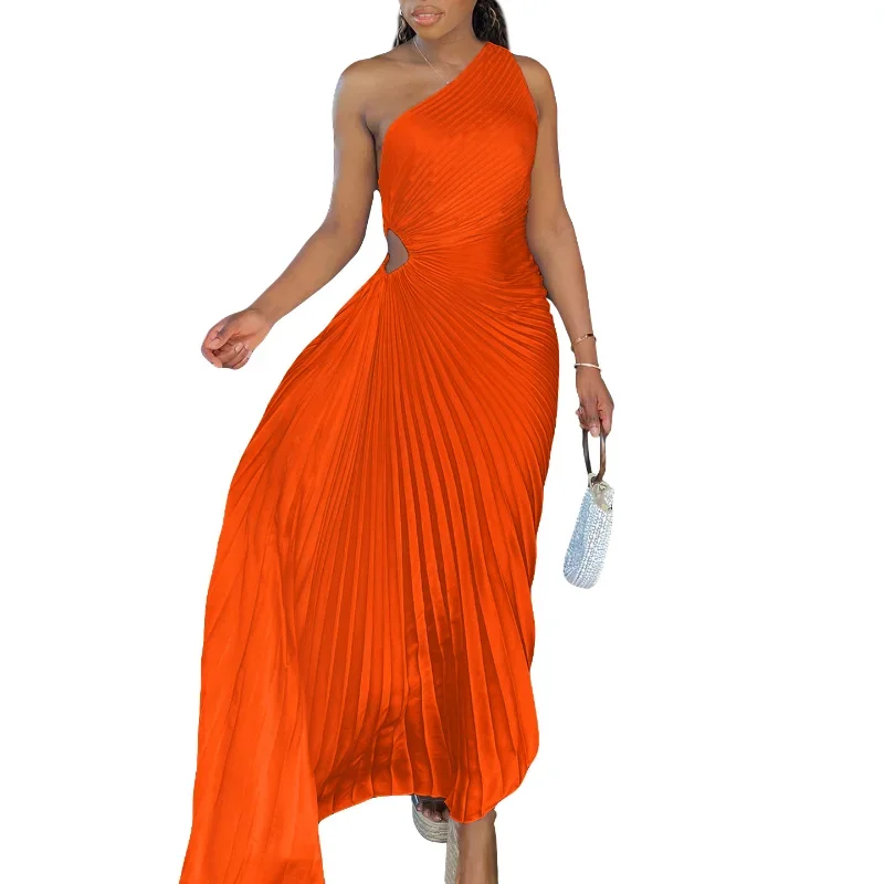

African Party Dresses for Women Elegant Summer African Sleeveless Polyester Orange Black Pink Pleated Long Dress Maxi Dress