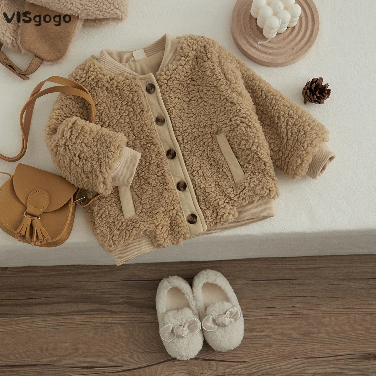 VISgogo Baby Girls Boys Autumn Winter Coat Patchwork Long Sleeve Button-Down Lamb Fleece Jacket Warm Outerwear