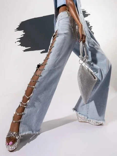 Sexy hole rhinestone denim pants women fashion baggy pants hotwife streetwear high waist wide leg jeans woman clothing trousers 6
