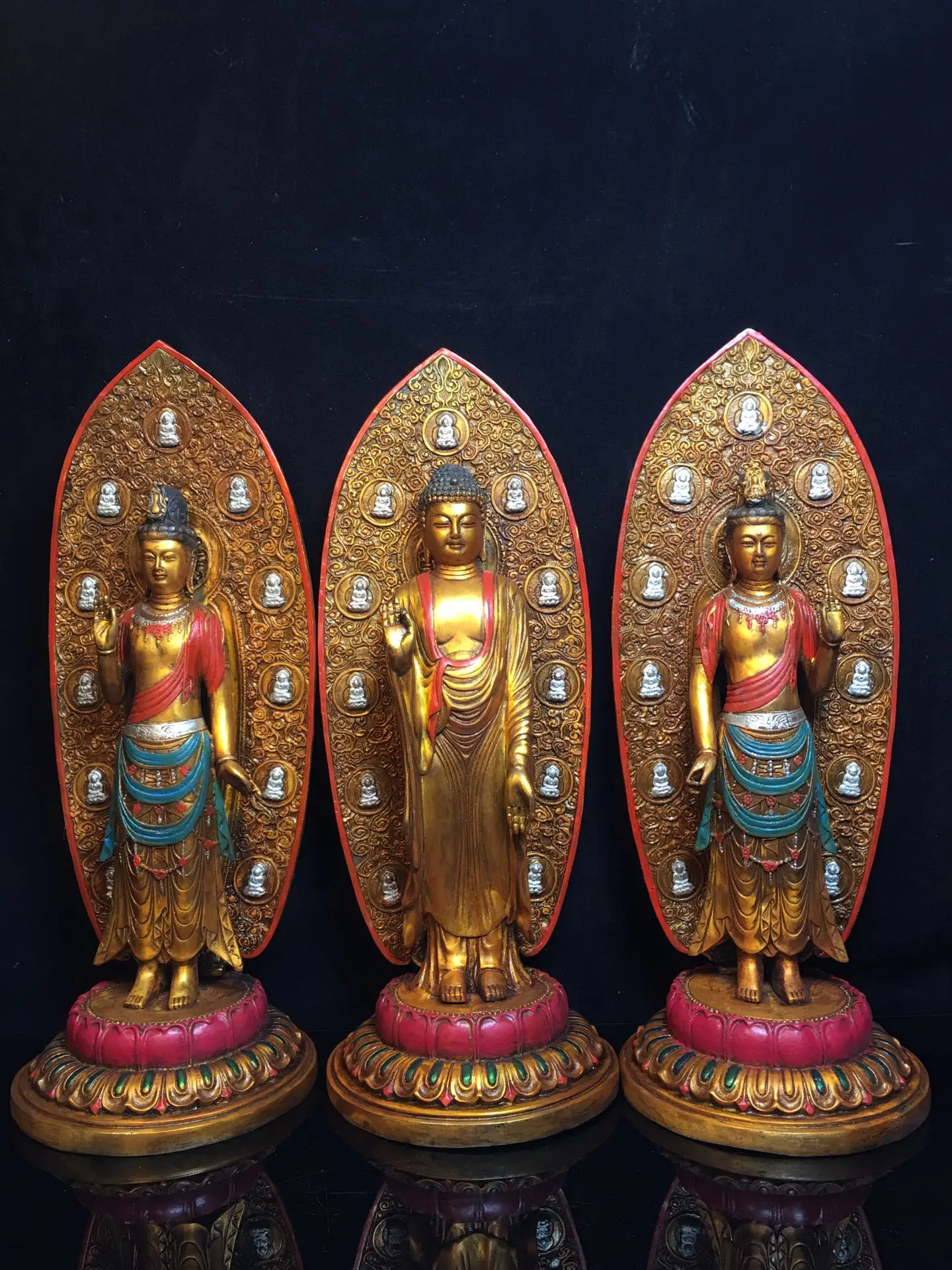 

16"Tibetan Temple Collection Old Bronze Painted Three Western Saints Sakyamuni Buddha Guanyin Lotus Platform A Set worship hall