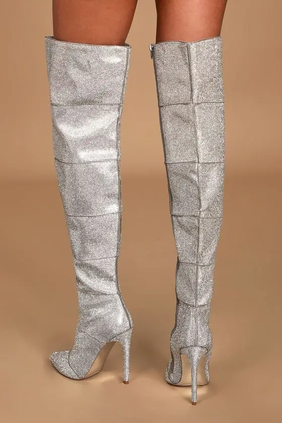 

Женские Серебристые блестящие сапоги выше колена, привлекательные вечерние сапоги в стиле панк с острым носком, обувь на молнии сбоку, Осенние повседневные сапоги, размер 46