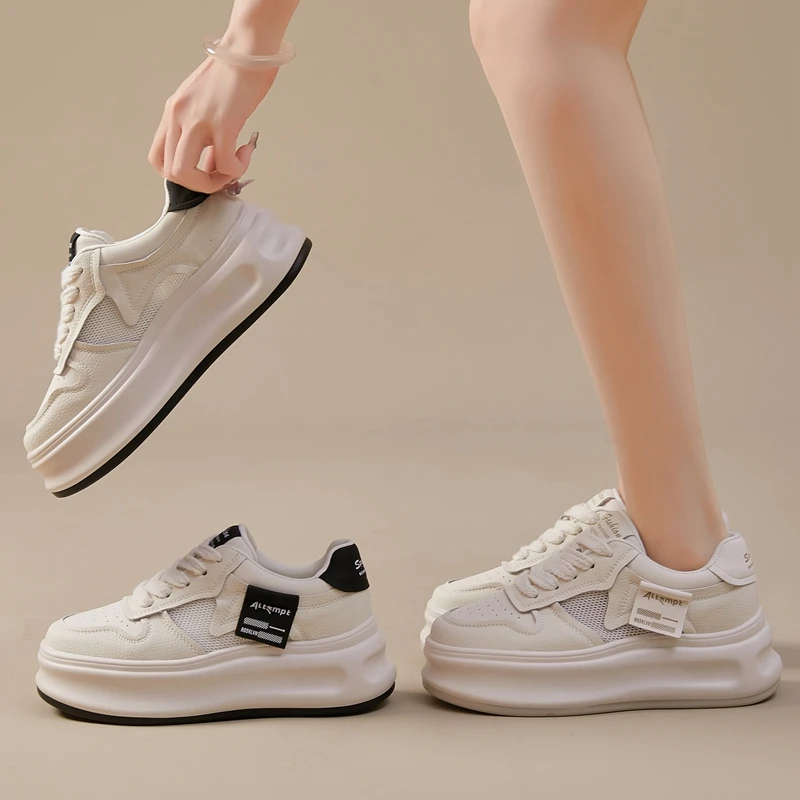 Autuspin 5cm Summer Women's Skateboarding Shoes Students Round Toe Fashion Ladies Sneakers Breathable Mesh Leather Chunky Shoes