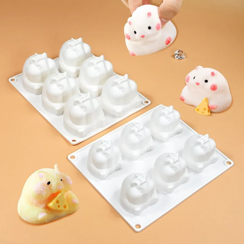 6-hole Hamster Pinching Silicone Mold Kitchen Baking Cute Simulation Animal Mousse Cake Mold Home Plaster Ornament Candle Mold