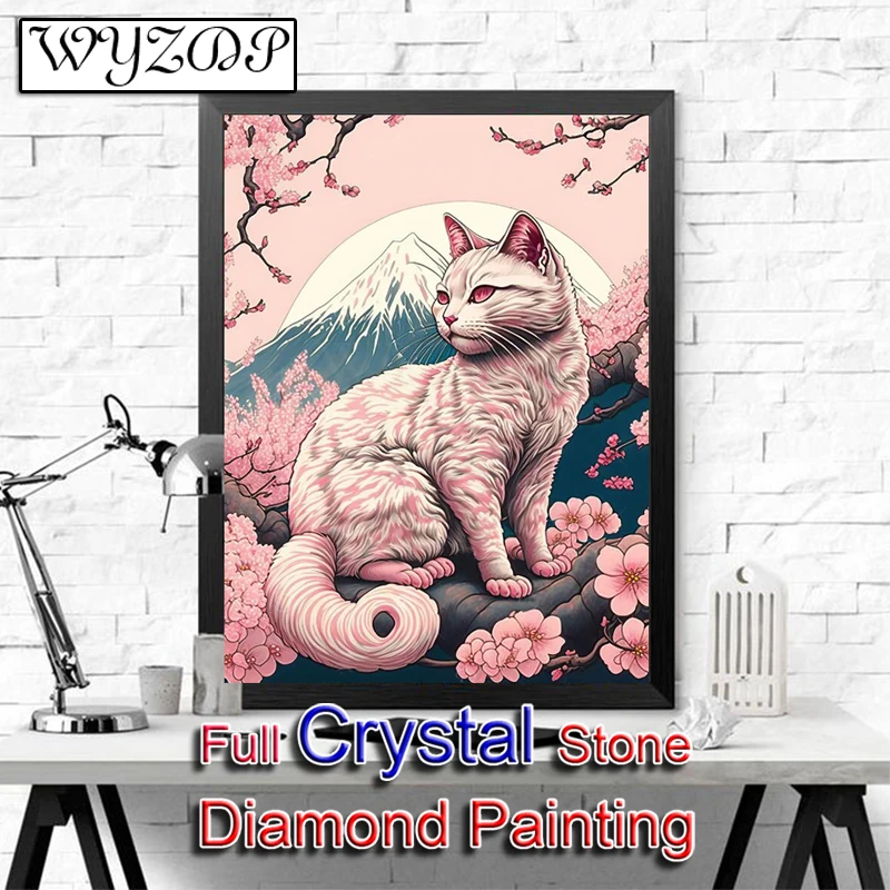 

5D DIY Full Square Crystal Diamond Painting Japanese Sakura Cat Mosaic Embroidery Cross Stitch Crystal Diamond Art Home Decor