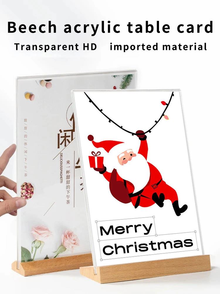 Acrylic Decca Transparent Display A5 Solid Wood Base Vertical Table Advertising Price Table Beech Sign Photo Card Holder