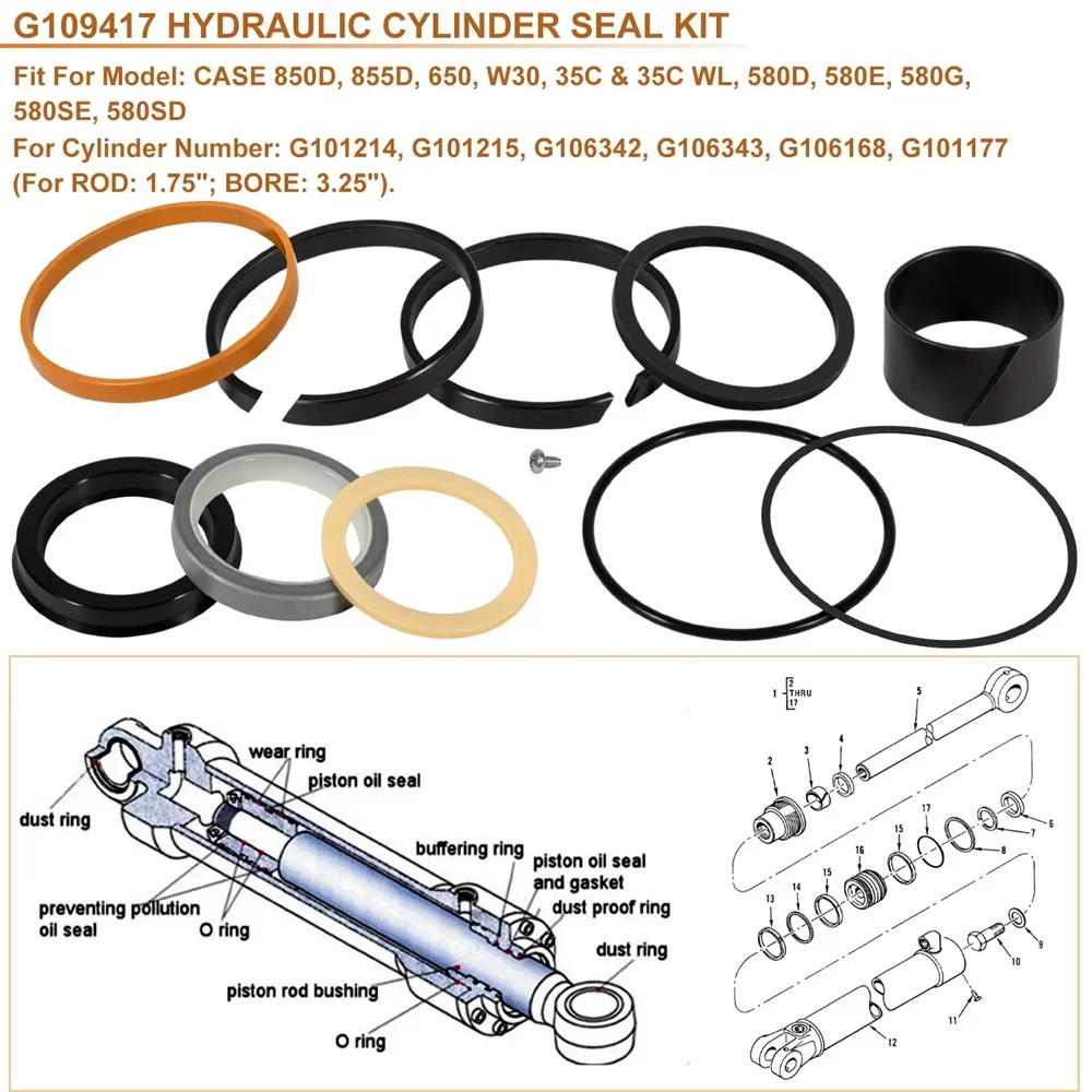 Hydraulic Cylinder Seal Replacement Kit G109417 for Case 650 850D 855D W30, 35C 35CWL 580B 580D 580E 580G 580SD 580SE Rod: 1.75"