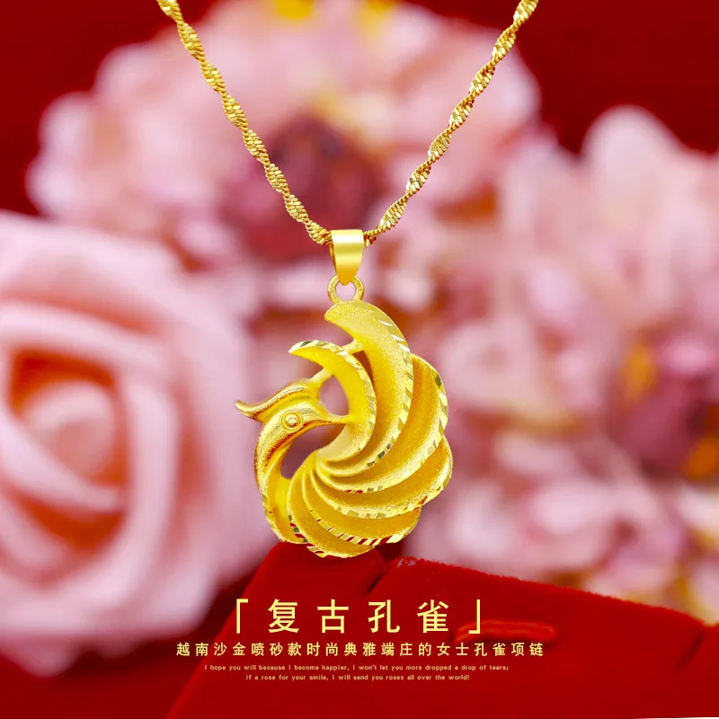 24K real gold peacock women's necklace 999 real gold fashionable European and American retro peacock women's collarbone chain