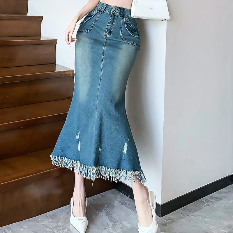 

2023 Summer Women High Waisted Ripped Tassel Washed Long Denim Trumpet Skirt , Woman Clothing Fashion Mermaid Skirts