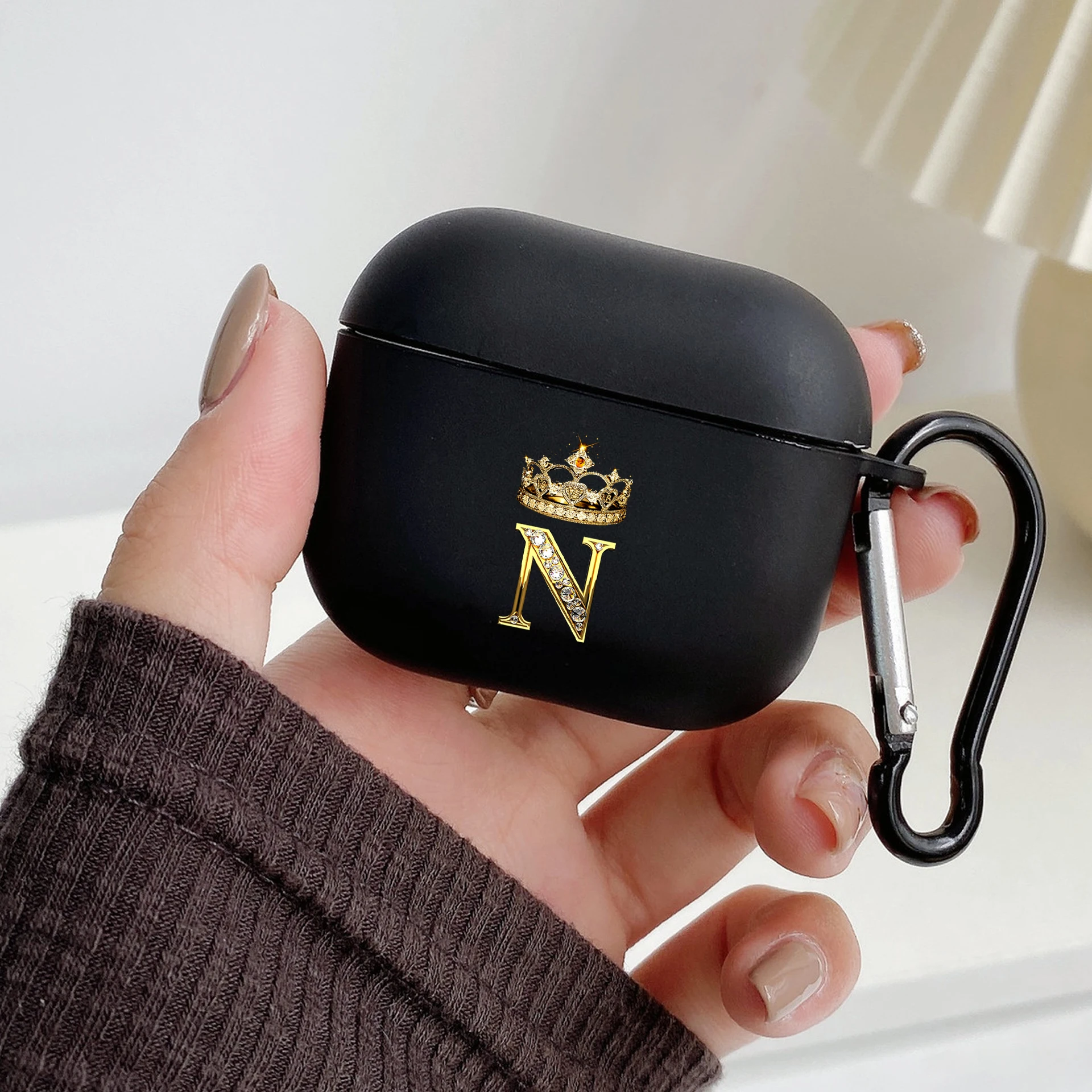 Diamond Crown Letter Hook Case - Black TPU Soft Earphone Cover