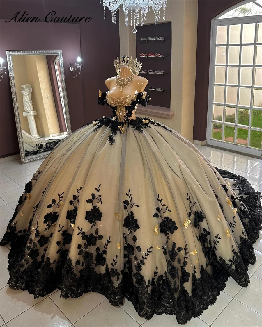 Luxury Black Quinceanera Dresses Beads Crystals 3D Appliques Butterfly Ball Gown Birthday Gown Vestidos De 15 A&ntilde;os Customized