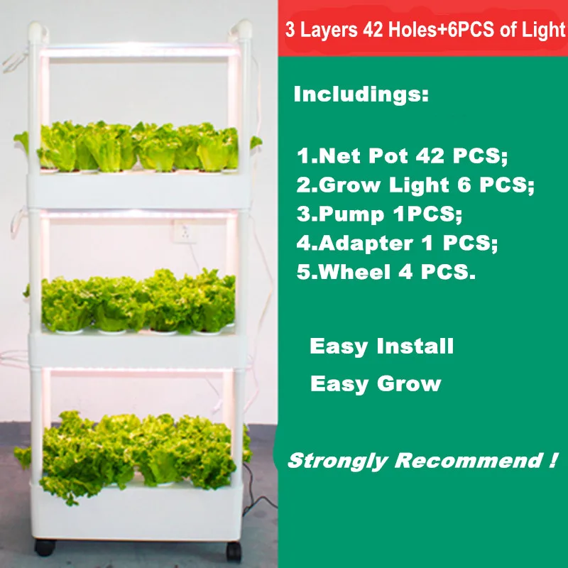 Kit de sistema hidropónico para interiores, torre de jardín para el hogar, 3 capas, 42 agujeros con 6 piezas de luz de cultivo - Imagen 2