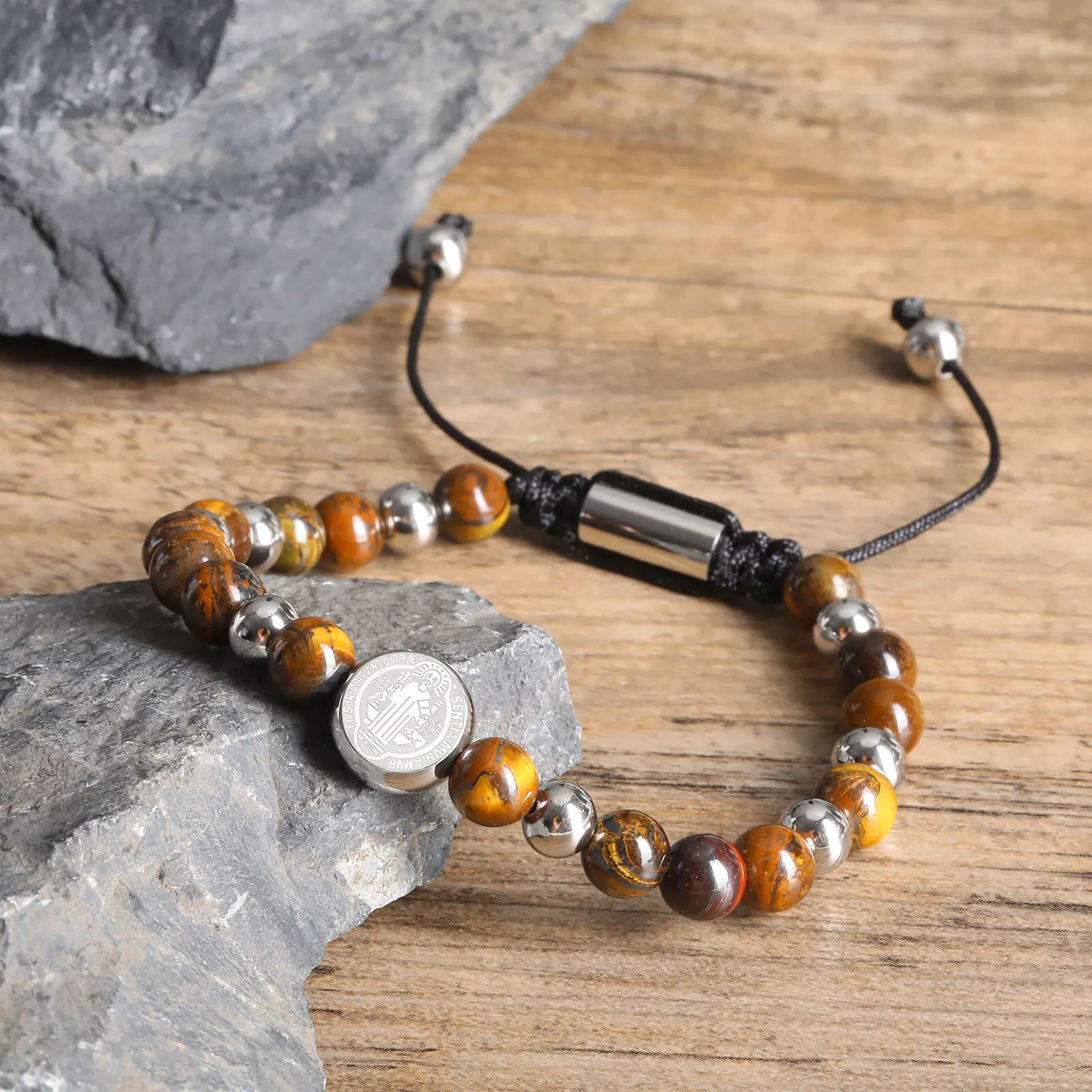 Heiliger Benedikt-Perlenarmbänder für Männer und Jungen, verstellbares rundes Charms-Armband aus Edelstahl, christlicher religiöser Schmuck, Geschenk – Detail 5
