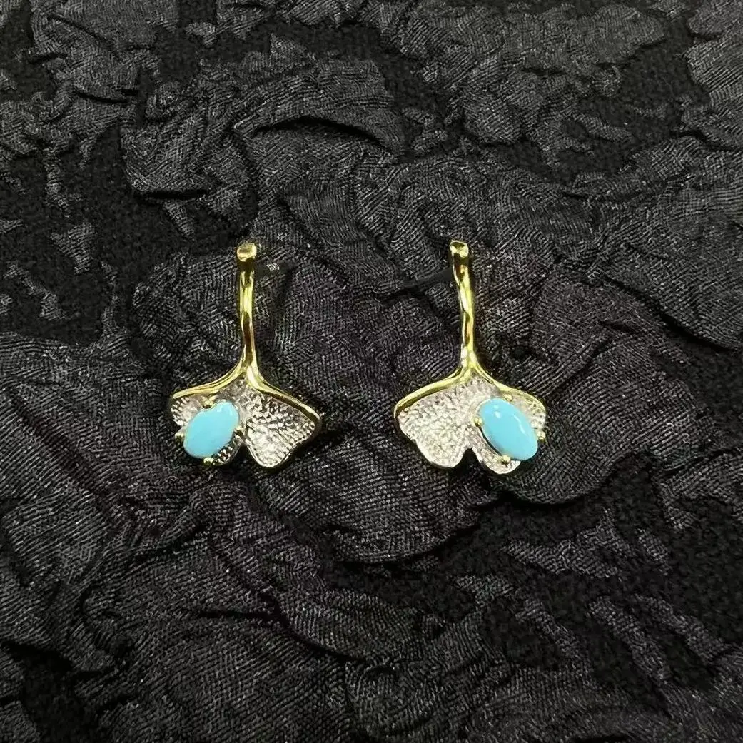 

S925 Silver Natural Turquoise Ginkgo Leaf Earrings Small Fresh Earrings