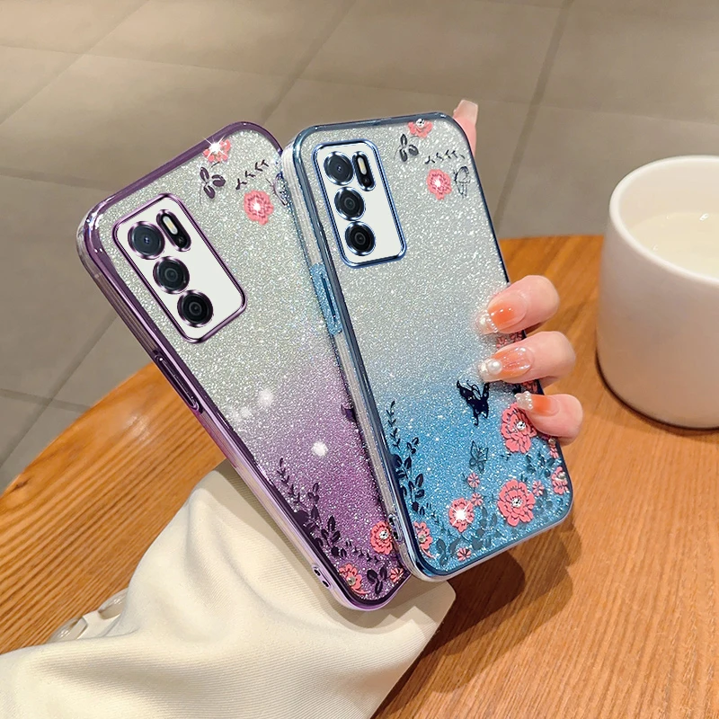 Glitter Butterfly Flower Phone Case For OPPO A16 A15 A15S A52 A53 A55 A74 A93 A94 A95 F19 F17Pro Reno7 10 Gradient Cover_voghion.com