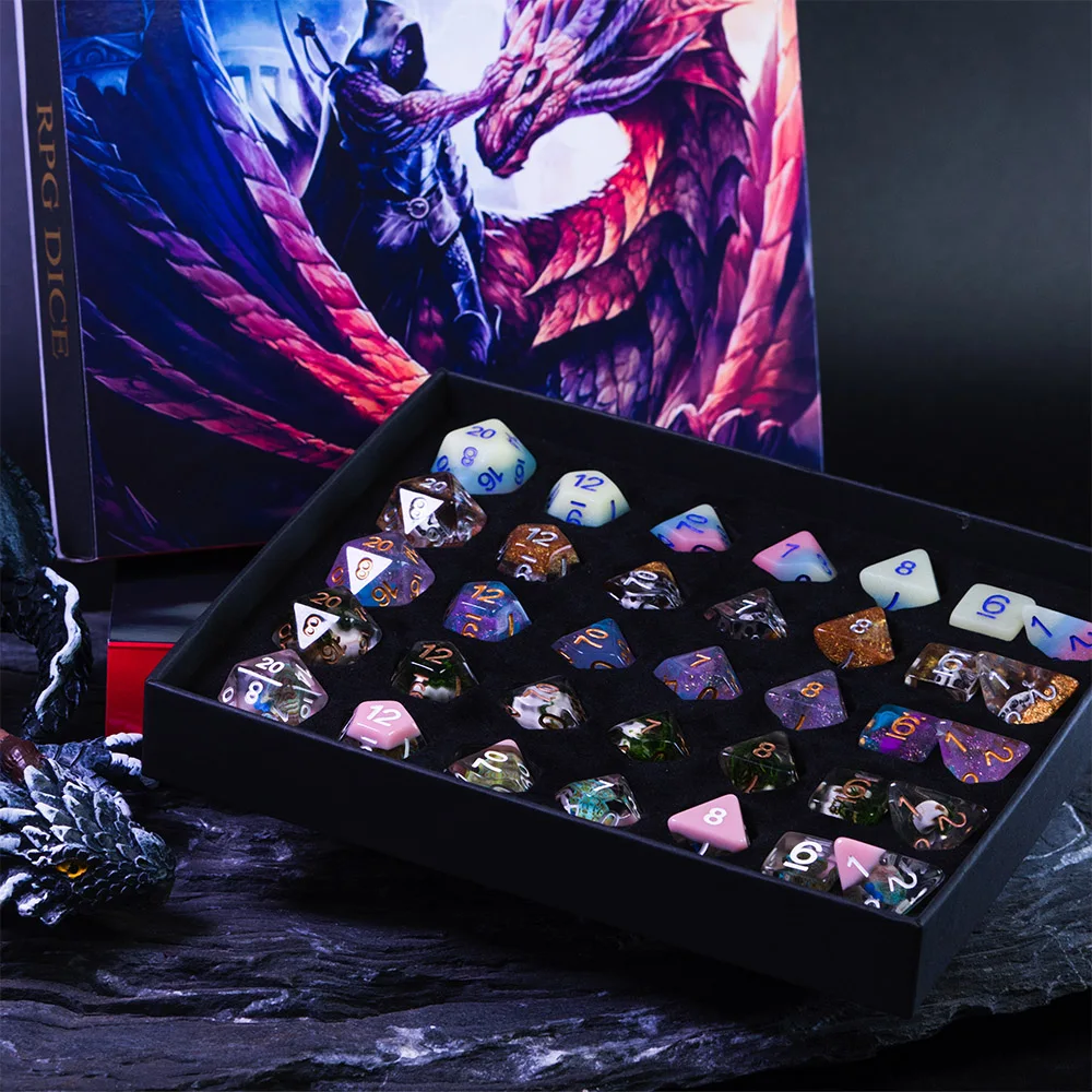 Cusdie D&D Dice Set with 2in1 Gift Box Dice Tray Random 5Sets/35Pcs Resin Polyhedral for Role Playing Board Game Gift Box