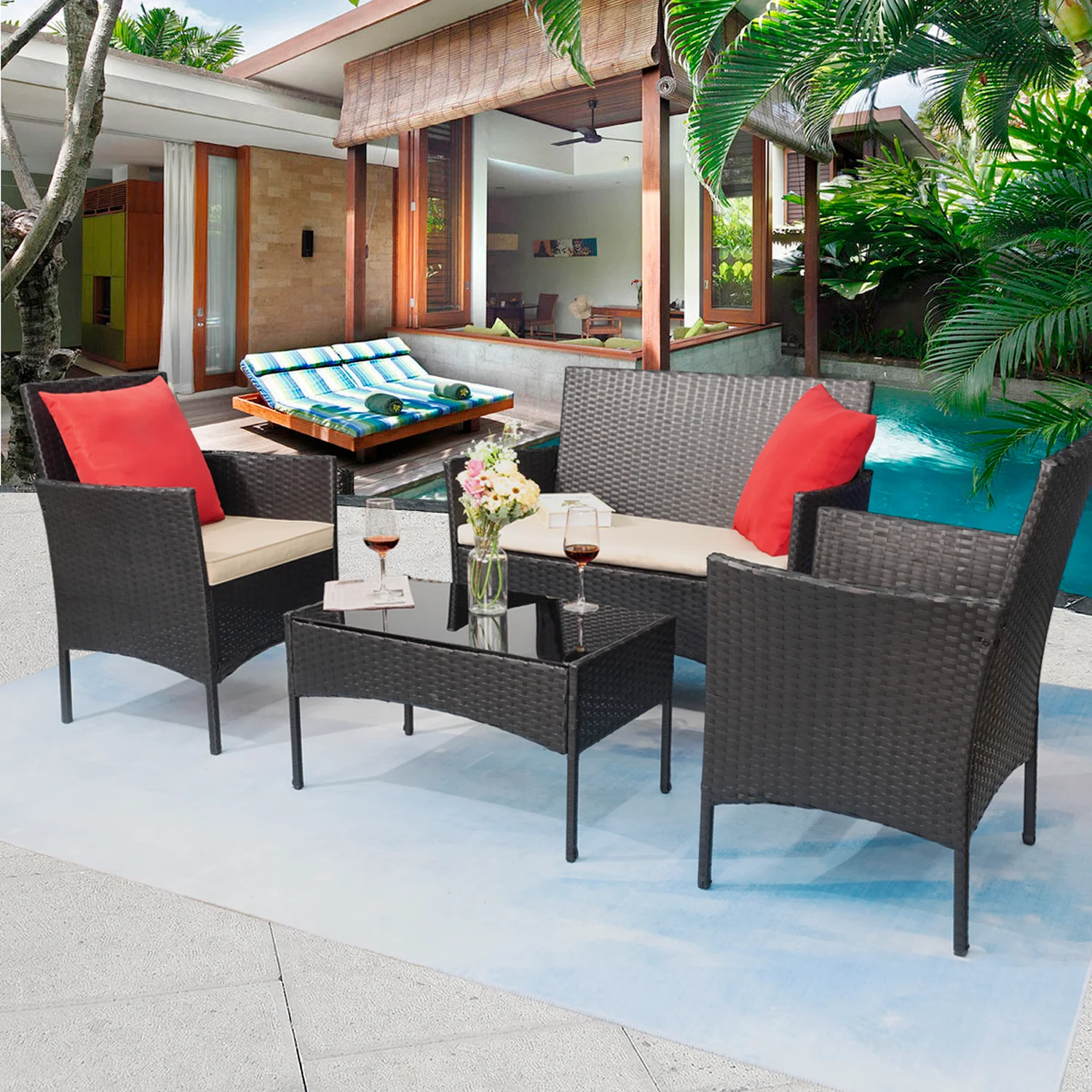 4 Pieces Patio Furniture Set Rattan Outside Furniture Wicker Sofa Garden Conversation Sets with Soft Cushion and Glass Table for 2