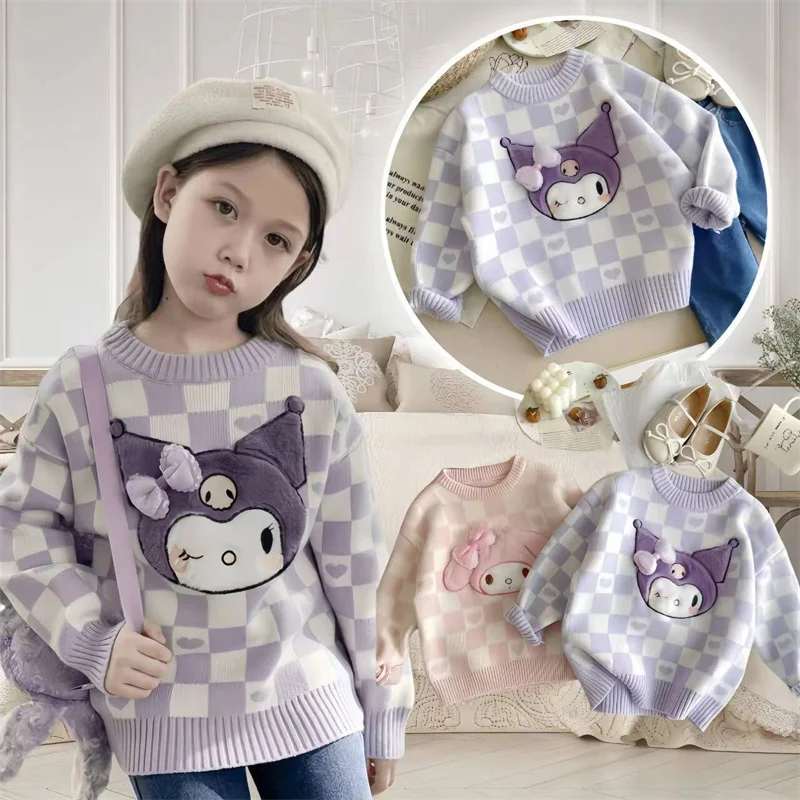 Kawaii Sanrio Kuromi My Melody Children Fall Sweater Warm Sweater Fall Winter Cartoon Cute Warm Thicken Girl Round Neck Sweater sanrio kuromi melody kids scarf cinnamoroll pochacco winter warm thick webbing series baby neck plush scarf keep warm accessorie