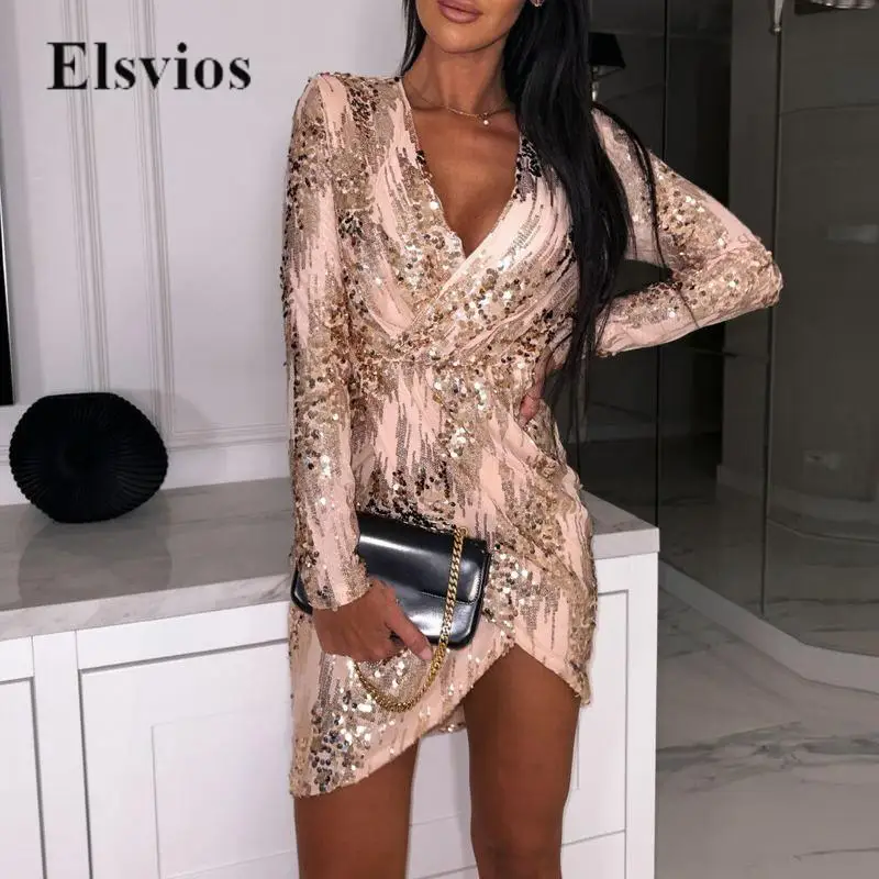 

Sexy Draped V Neck Women Mini Dresses Fashion Sequin Shiny Slit Irregular Party Dress 2024 Elegant Long Sleeve Commuting Dresses