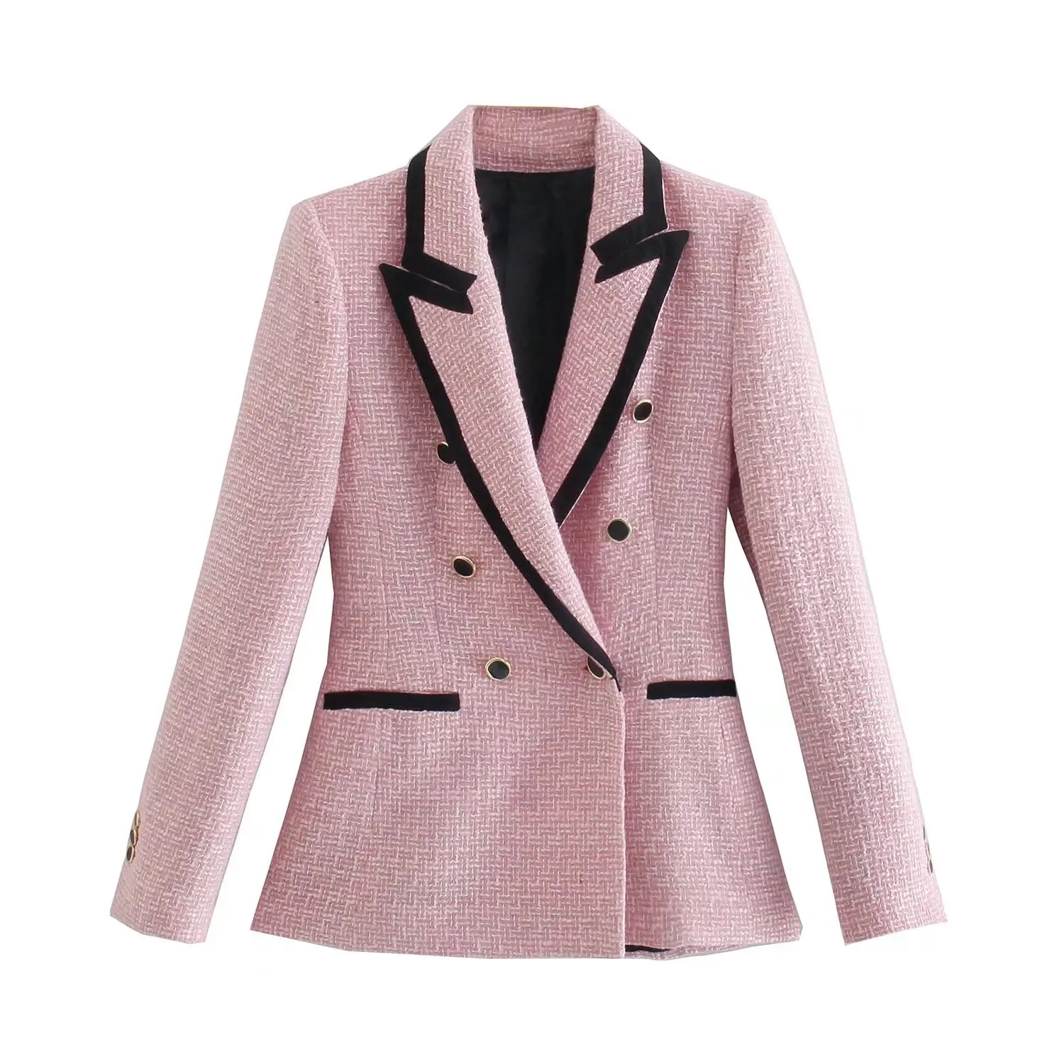 

2023 New Small Fragrance Style Double-breasted Tailored Coat Fashion Color Contrast Long-sleeved Top Pink Tweed Blazer Women