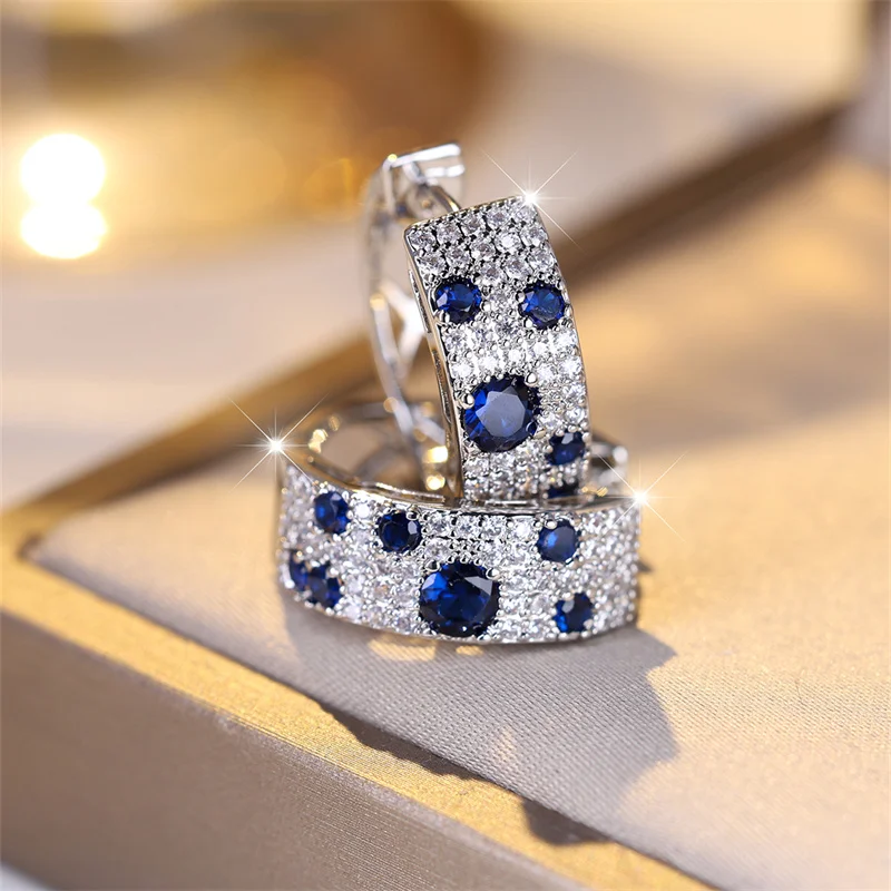 Luxury Female Blue Zircon Stone Clip Earrings Trendy Silver Color Wedding Jewelry Gift For Women