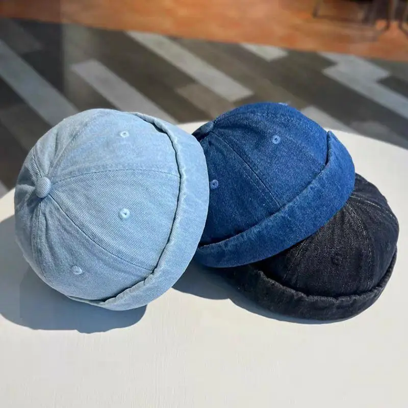 Fashion Denim Docker Cap Brimless Hat Solid Skullcap Solid Color