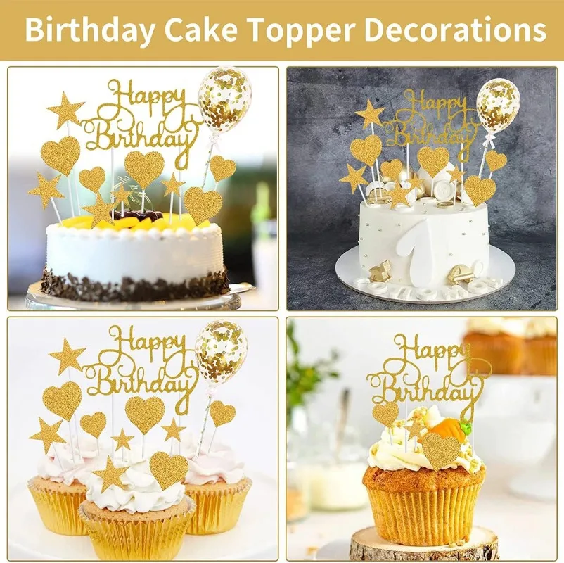 Confetti Balloon Cake Decor Happy Birthday Toppers with Star Heart Flags, DIY Cupcake Baking Party Decoration Kit (20pcs)