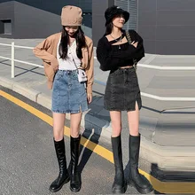 

2022 Spring Autumn Denim Mini Skirt Young Women High Waist A-line Short Skirt Split Sexy Hipline Skirt School Girls RXHBSQ718