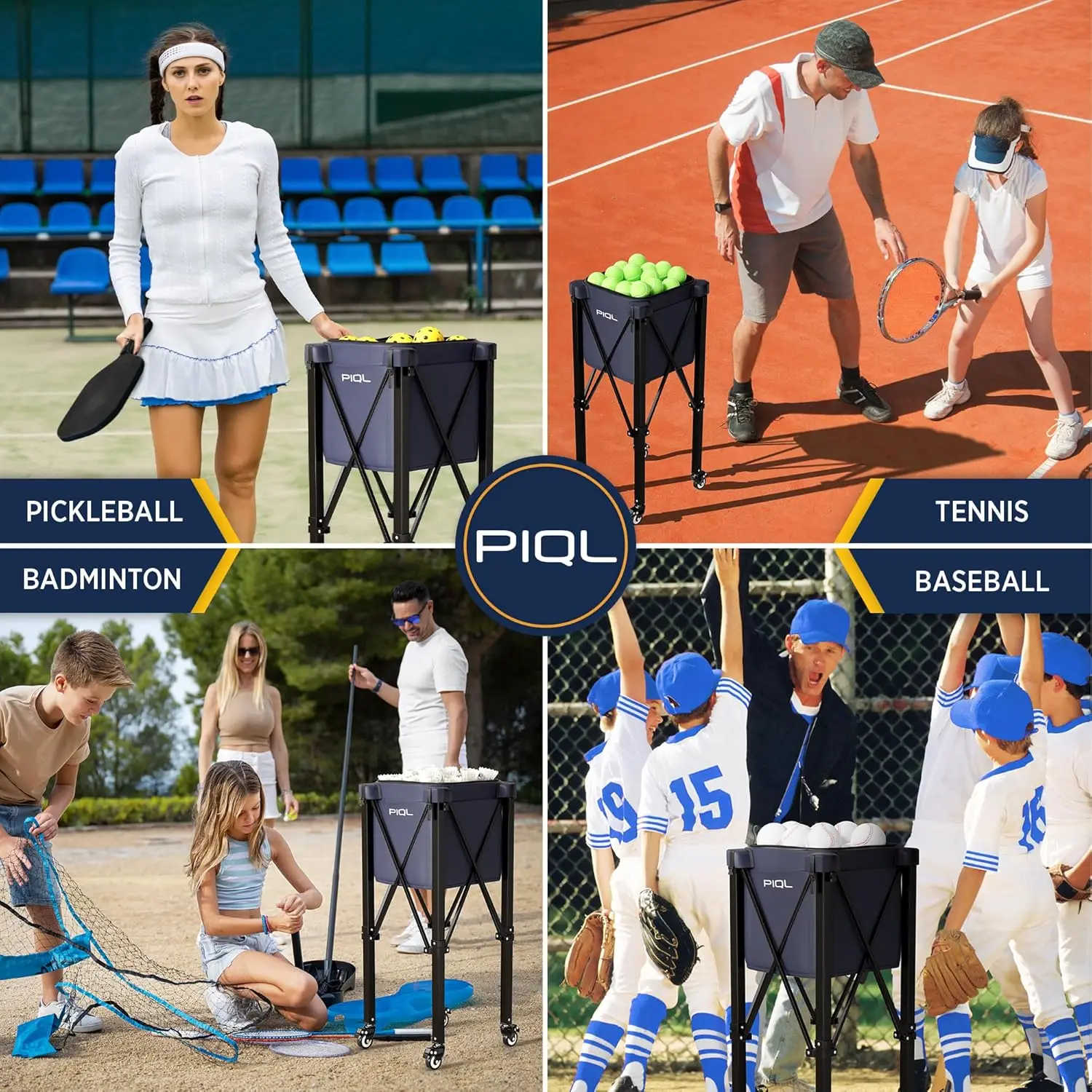 Navy Blue Pickleball Ball Caddy - Wheeled Cart, Storage Bag - 100 pickleball capacity - Tennis Ball Hopper