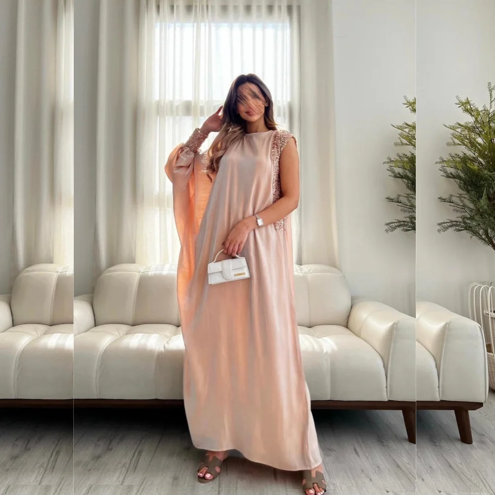 Satin Beading Pleat Christmas A-line O-Neck Bespoke Occasion Gown Midi Dresses