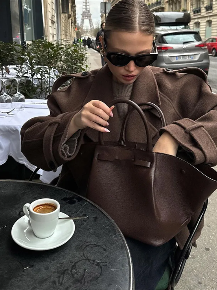 Wool Overcoat Women Long Sleeve Double-breasted Casual Lapel Neck Short Blend Jacket Ladies Stylish Street Outerwear